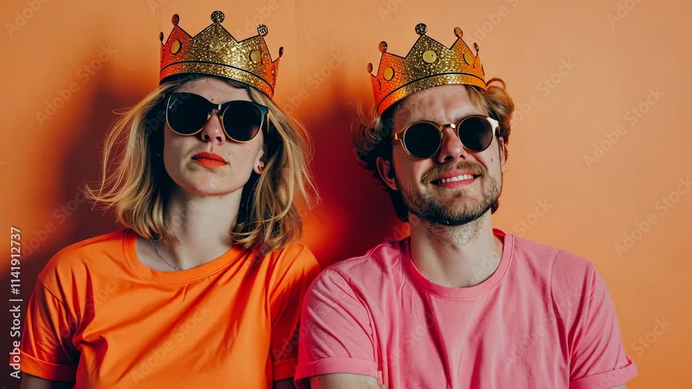Koningsdag, Dutch Kings Day, Creative pair sharing a playful moment while wearing colorful tops and crowns against an orange background