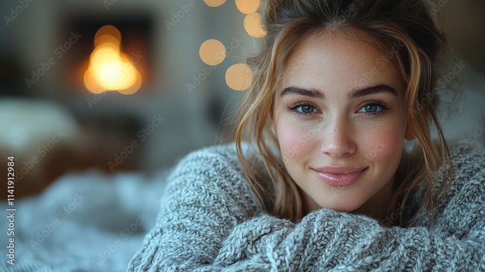 Warm smile of a young woman in a cozy setting Warm smile of a young woman in a cozy setting