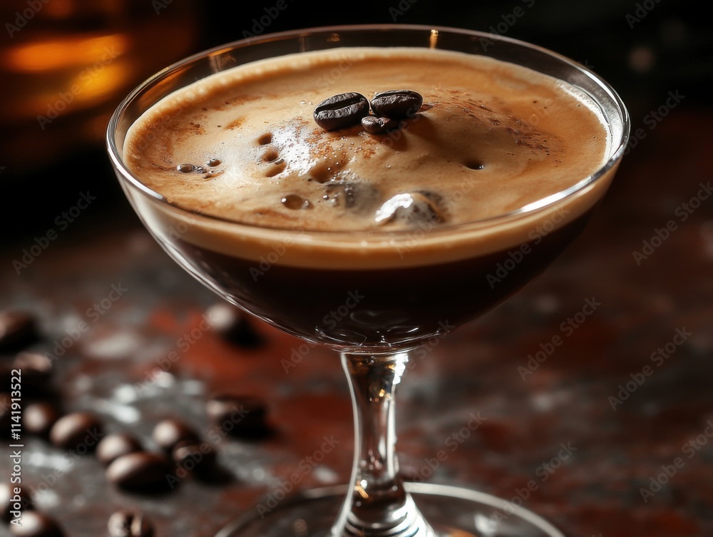 An elegant espresso martini cocktail, featuring a rich blend of coffee and alcohol, topped with a frothy layer and a few coffee beans An elegant espresso martini cocktail, featuring a rich blend of coffee and alcohol, topped with a frothy layer and a few coffee beans