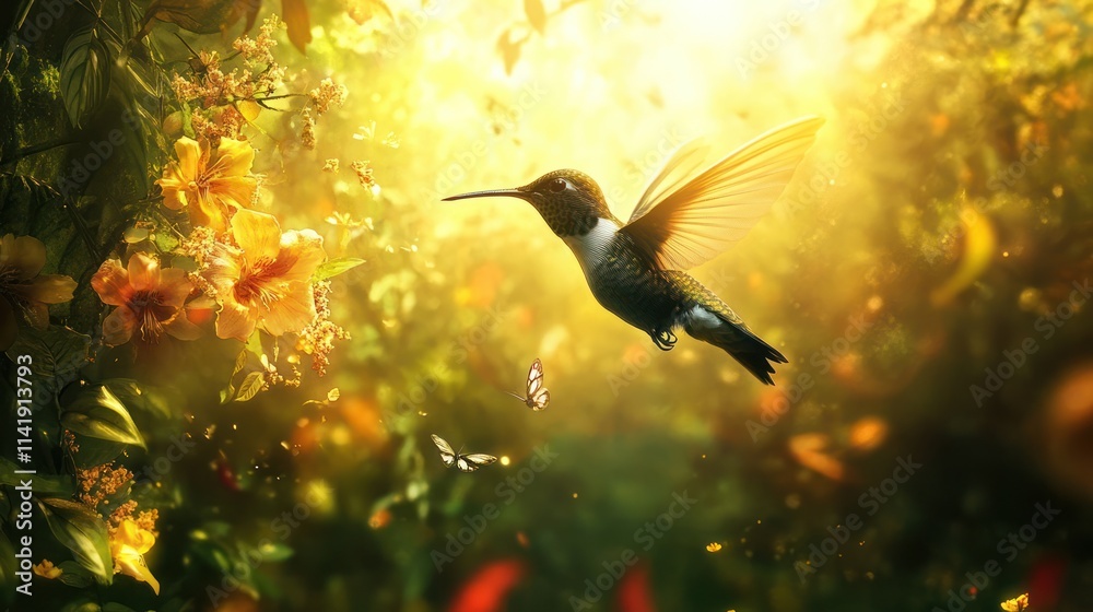 Naklejka premium A hummingbird in flight, surrounded by vibrant flowers and butterflies, bathed in warm sunlight. A magical and enchanting garden scene.