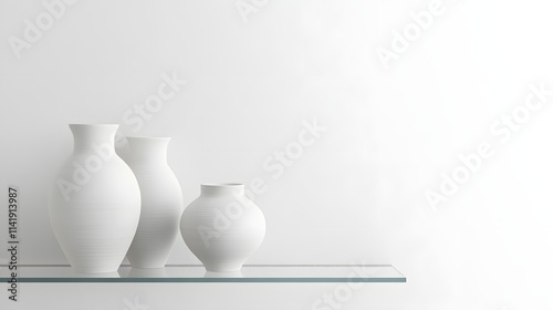 Minimalist white clay vases with smooth surfaces on a sleek glass shelf against a pure white background, blending simplicity and elegance photo