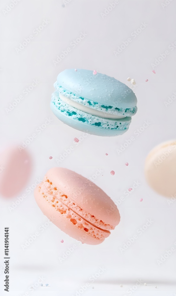 Obraz premium Macarons of various colors are rolling in the air, Generative AI