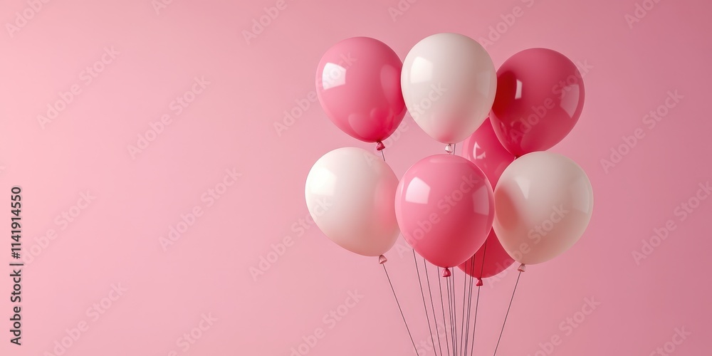 Realistic 3D Pink and White Balloons Floating Against a Soft Pink Background for Holiday Celebrations and Festive Events Realistic 3D Pink and White Balloons Floating Against a Soft Pink Background for Holiday Celebrations and Festive Events