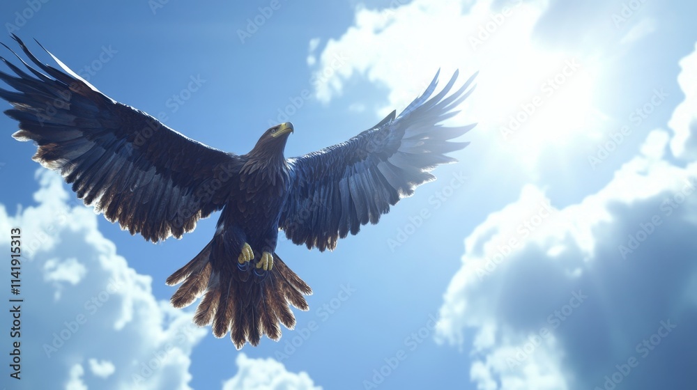 Naklejka premium Majestic Eagle Soaring Against Bright Sky with Fluffy Clouds