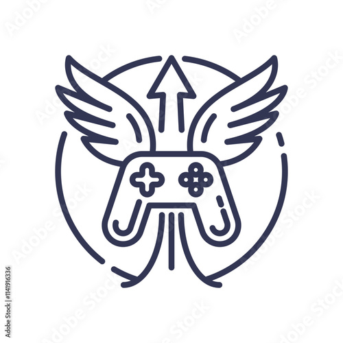 Game controller with wings and arrow symbolizes skill elevation and progress.