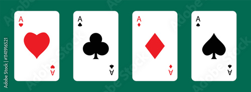 Four aces icon set. Playing card. Poker cards suits. Hearts, clubs, diamonds, spades ace. Big symbol. Winning poker hand. Las Vegas Casino gambling concept. Flat design. Green table background. Vector