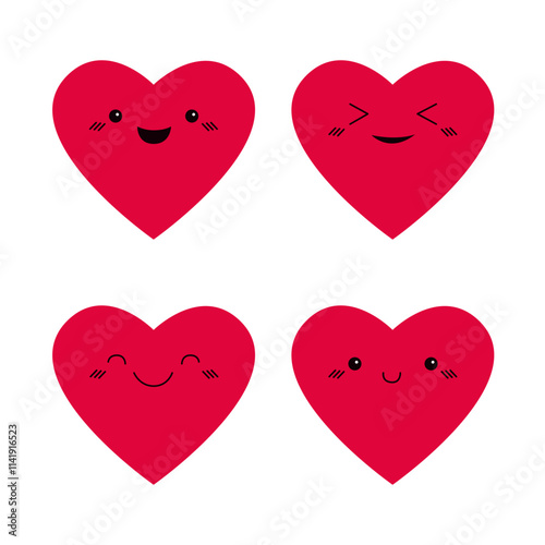 Happy Valentines Day. Red heart emoji icon set. Hearts with eyes. Smiling happy face head. Cute kawaii cartoon funny character. Love sign symbol. Greeting card. Flat design. White background. Vector