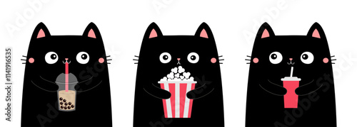 Cat set. Popcorn, bubble milk tea, soda. Kitten watching movie. Cute cartoon funny character. Film show. Cinema theater. Kids sticker print. Childish style. White background. Flat design Vector