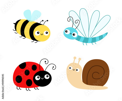 Bee bumblebee, Dragonfly, Ladybug, snail cochlea, lady bug ladybird flying insect icon set. Cute cartoon kawaii funny baby character. Happy Valentines Day. Flat design. White background. Vector