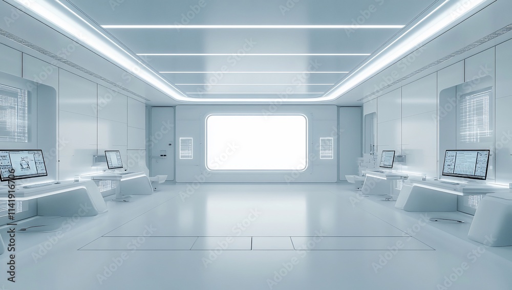 Futuristic white room with computer workstations and large window. Futuristic white room with computer workstations and large window.