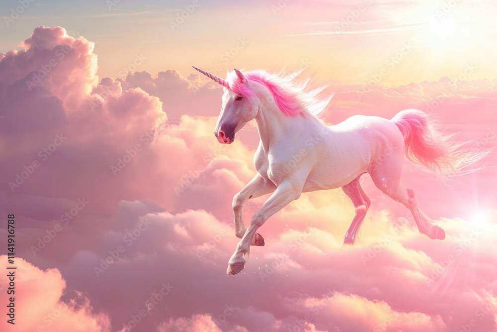 Fantastically mythological pink unicorn with big long horn