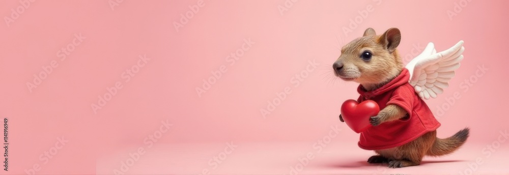 Fototapeta premium Banner: capybara in cupid costume, space for text, soft pink background. Valentine's Day atmosphere
