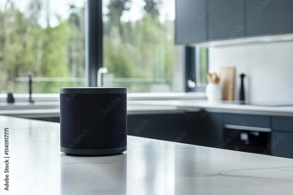 Black wireless speaker placed on white marble countertop in contemporary kitchen with blurred background Black wireless speaker placed on white marble countertop in contemporary kitchen with blurred background
