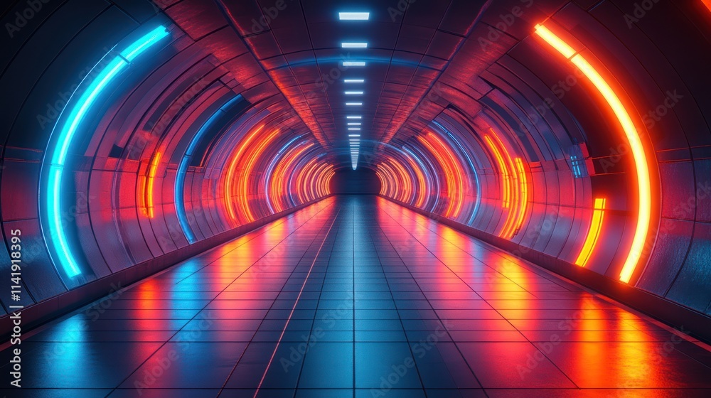 Futuristic neon-lit tunnel with reflective floor. Futuristic neon-lit tunnel with reflective floor.