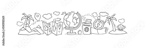 Summer vacation, travel, trip concept with doodle world map, globe, suitcase, passport with tickets and compass. Tourism, journey poster with mountains and palm trees, vector sketch illustration