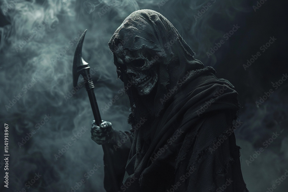 Scary grim reaper with sharp scythe in hell with dramatic background Scary grim reaper with sharp scythe in hell with dramatic background