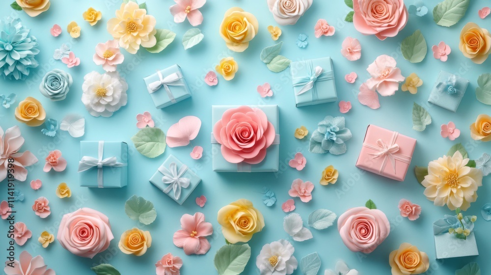 Pastel Flowers and Presents on a Light Blue Background Pastel Flowers and Presents on a Light Blue Background