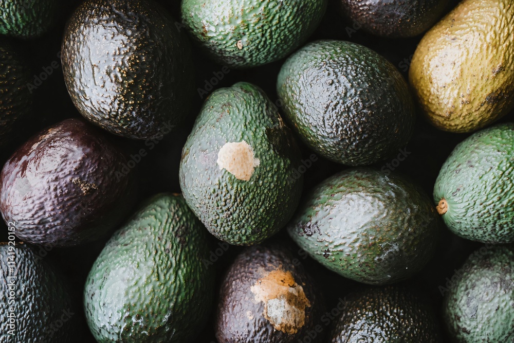 Close up of a group of avocados displaying different shades of green, brown, and purple, indicating varying degrees of ripeness and mold growth Close up of a group of avocados displaying different shades of green, brown, and purple, indicating varying degrees of ripeness and mold growth