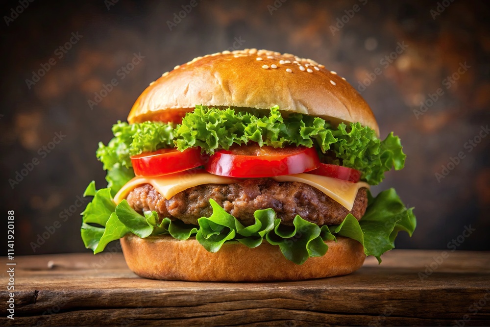 A studio image of a gourmet burger with lettuce and tomato, placed on a simple background. A studio image of a gourmet burger with lettuce and tomato, placed on a simple background.