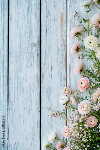 Pink and white floral border on rustic wood background featuring delicate ranunculus blossoms, romantic spring wedding frame, soft natural design for invitations, celebrations, or vintage-themed visua