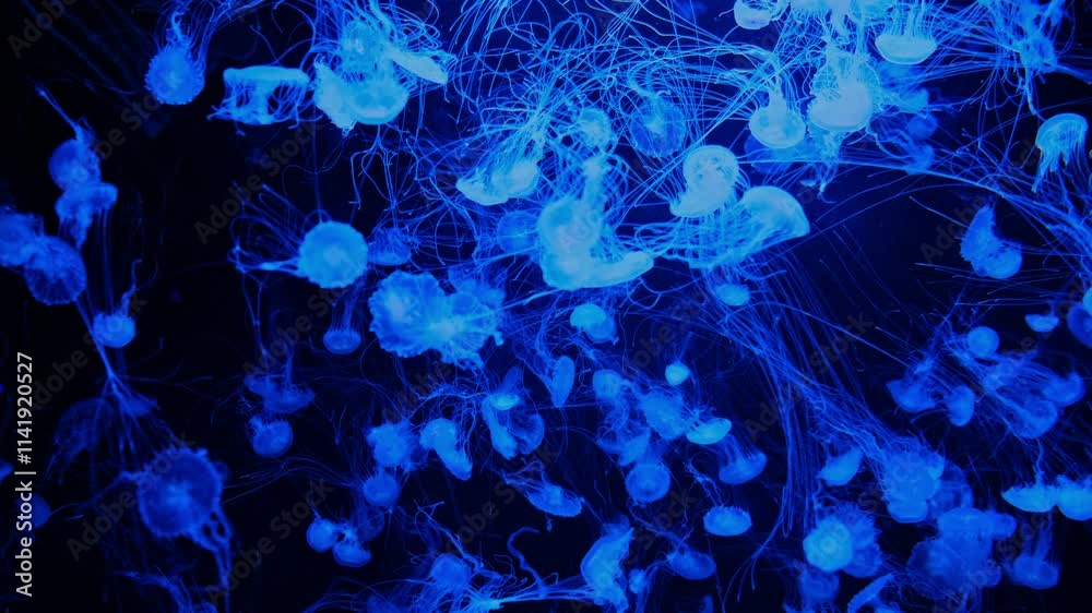 A group of glowing jellyfish pulsing rhythmically in the dark water, creating an atmosphere of the deep sea with flowing tentacles and ethereal blue light.