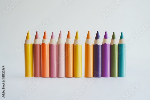 Set of colorful crayons in a row on white surface