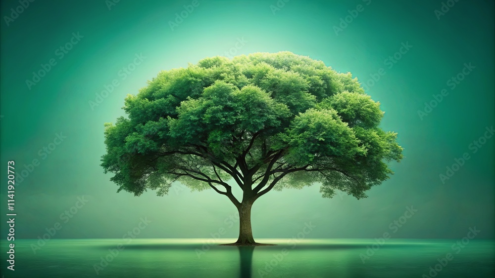 Serene Landscape Featuring a Single, Lush Green Tree Reflecting in Calm Water Serene Landscape Featuring a Single, Lush Green Tree Reflecting in Calm Water