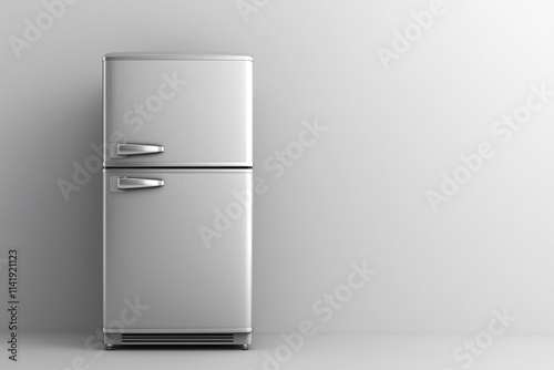 Modern silver refrigerator standing on a white background, showcasing its sleek design and functionality, ideal for kitchen storage