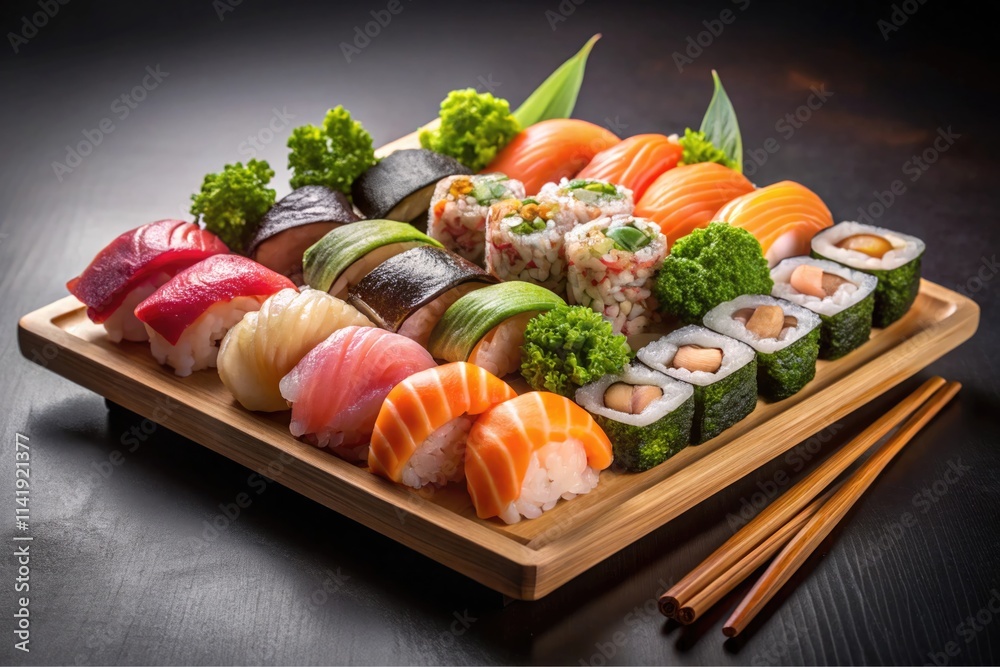 A studio image of a sushi platter with various pieces, presented on a simple background. A studio image of a sushi platter with various pieces, presented on a simple background.