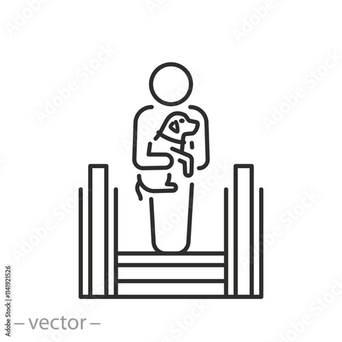 safety rule on escalator icon, holding animal in hands,  human with a pet, transportation of dogs on the escalator,thin line web symbol on white background - editable stroke vector illustration eps10