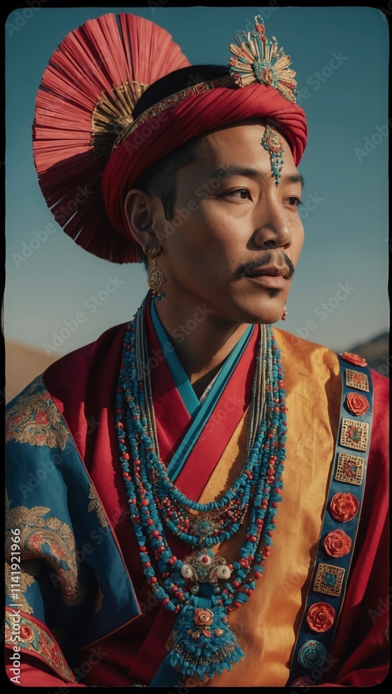Obraz premium A portrait of a man donning traditional attire with intricate jewelry and vibrant fabrics, set against a clear blue sky.