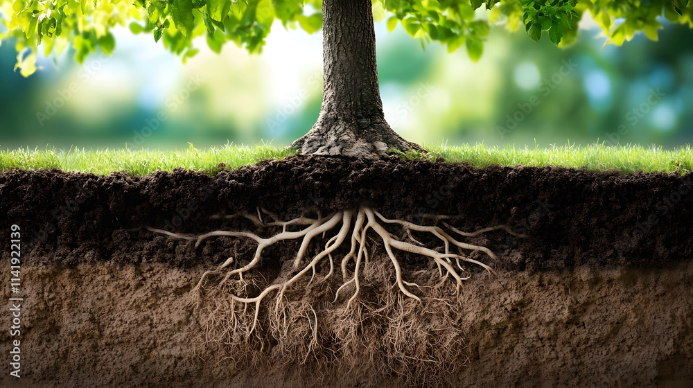 Exploring the Vital Connection: A Detailed Cross-Section of Soil and Roots Beneath a Majestic Tree Amidst Nature's Serenity Exploring the Vital Connection: A Detailed Cross-Section of Soil and Roots Beneath a Majestic Tree Amidst Nature's Serenity