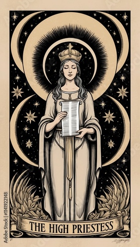 Elegant high priestess figure surrounded by celestial motifs, holding scroll, exuding wisdom and intuition in a mystical atmosphere.