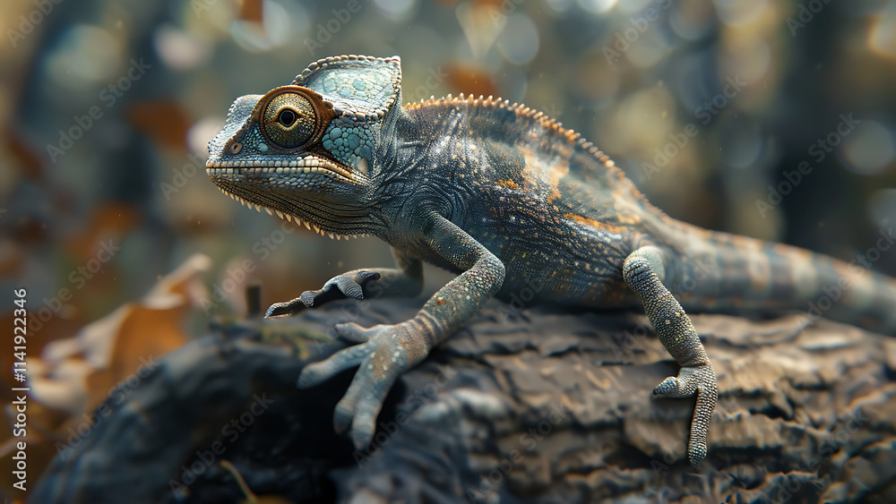 Blue and green chameleon perched on a branch Blue and green chameleon perched on a branch