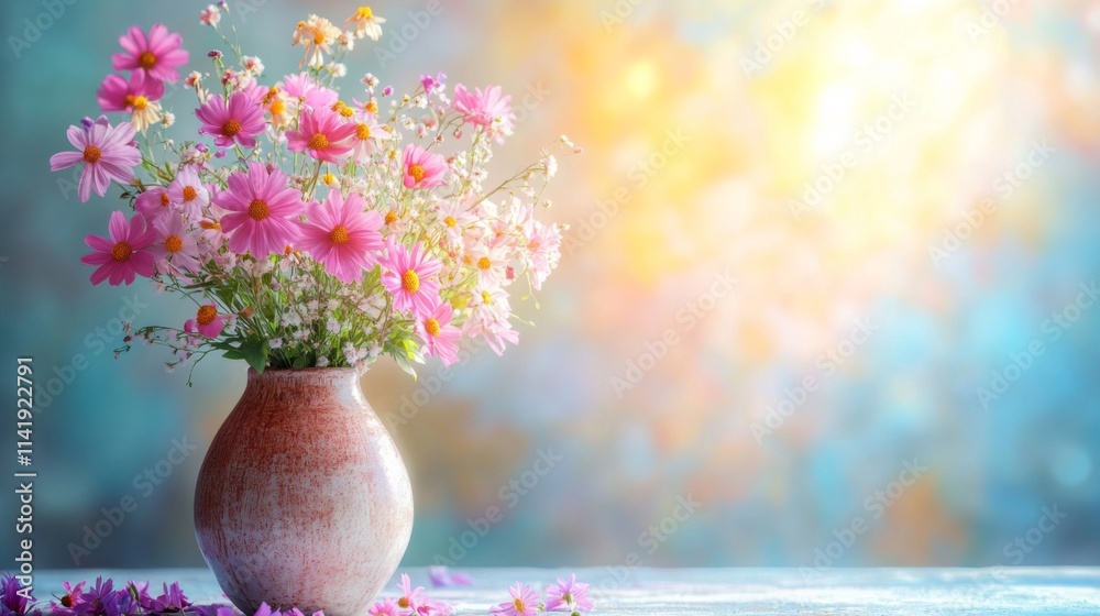 Pink Cosmos Flowers in a Rustic Vase Pink Cosmos Flowers in a Rustic Vase