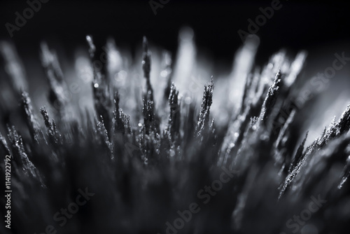 Reaction of iron dust to a magnetic field. Iron filings spikes. Neodymium magnet. Isolated on a black background.