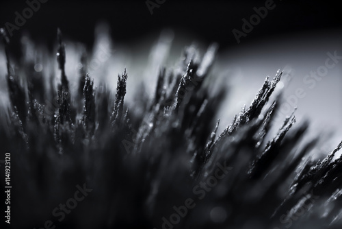 Reaction of iron dust to a magnetic field. Iron filings spikes. Neodymium magnet. Isolated on a black background. photo