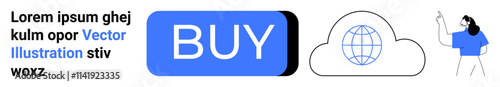 Blue BUY button, cloud with globe, person presenting. Ideal for e-commerce, internet services, online marketing, global communication, cloud computing, data storage, tech tutorials. Landing page