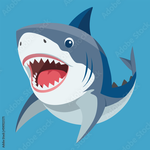 Blue ocean vector illustration features a cartoon shark, a marine predator with white teeth and a fin, swimming near a dolphin in the wild underwater, suggesting potential danger