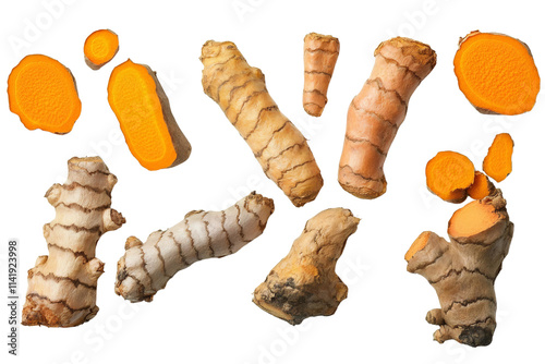 On White Background Autumn Turmeric Rhizomes Display