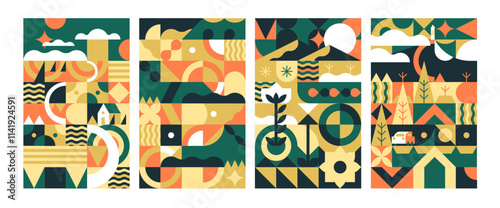 Geometric rural nature on posters set. Stylized countryside landscapes, abstract farm sceneries, village views on cards in cubist style. Contemporary interior decoration. Flat vector illustrations