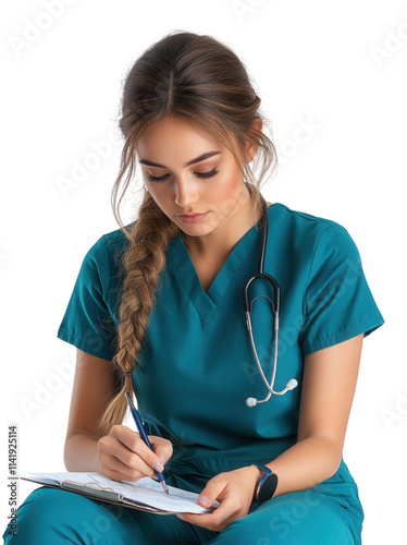 Nurse writing notes while wearing teal scrubs. photo