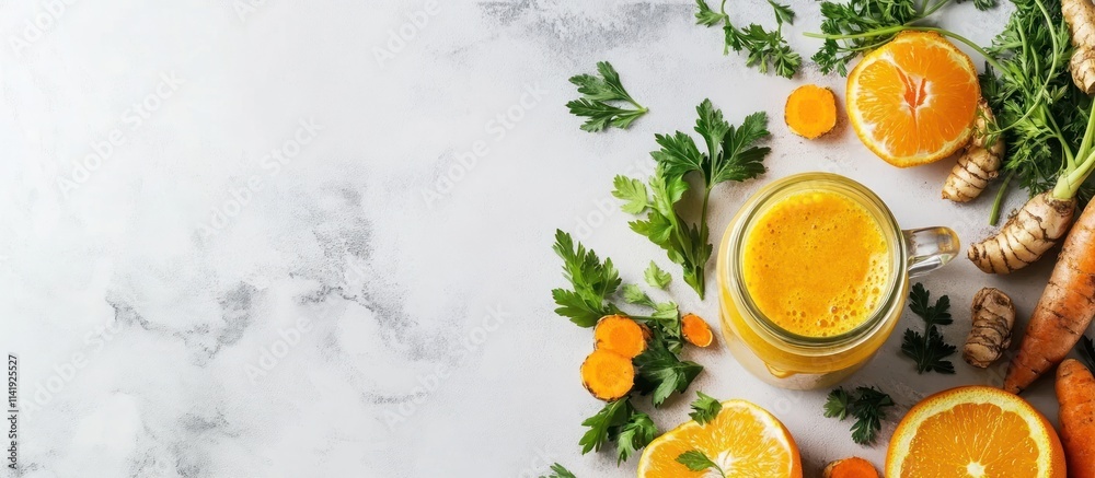Smoothie with orange, carrots, turmeric, parsley on marble. Smoothie with orange, carrots, turmeric, parsley on marble.