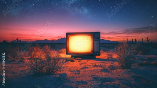 Vintage television in a desert during sunset.