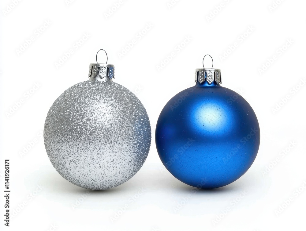 Shiny silver and blue Christmas ornaments side by side on a white background.