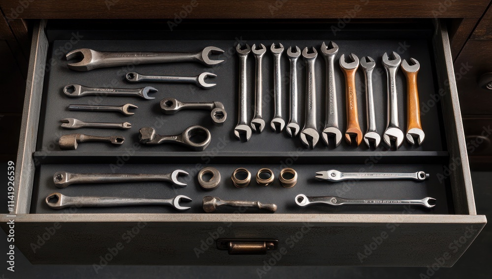 Wrench set neatly organized in opened drawer.