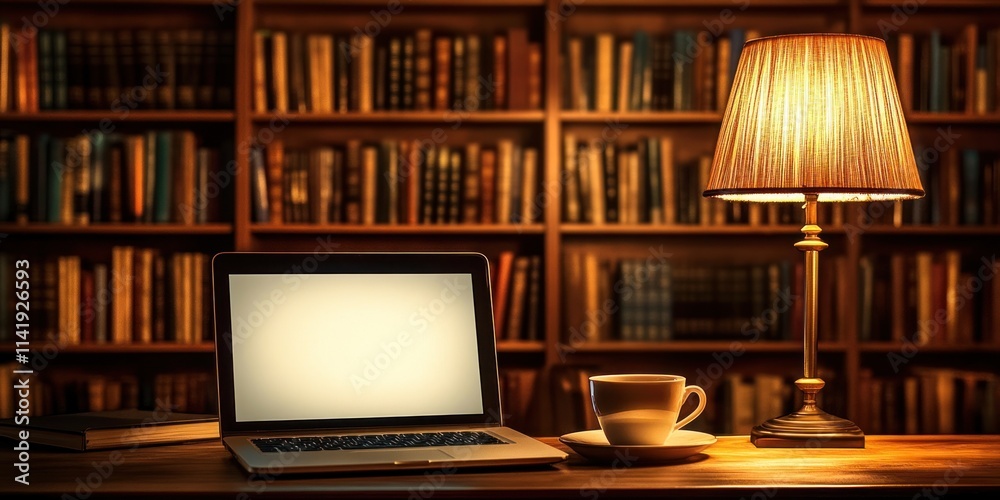 Lamp, coffee, laptop, and books sit on wooden desk. Lamp, coffee, laptop, and books sit on wooden desk.