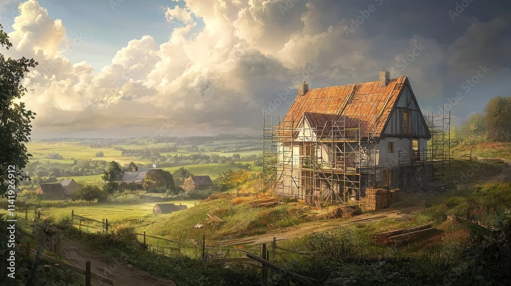 Rural house under construction, sunny day, rolling fields, cloudy sky. Rural house under construction, sunny day, rolling fields, cloudy sky.