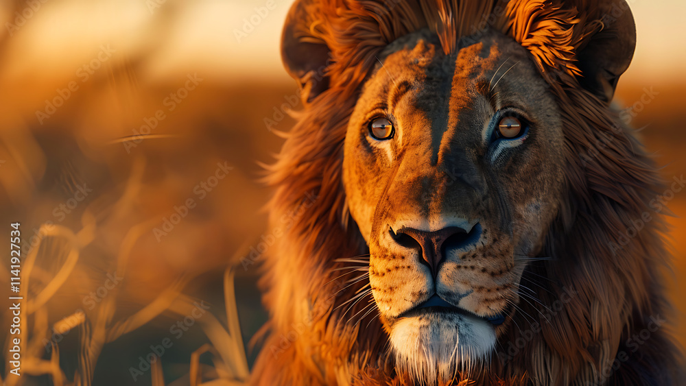 Close-up of majestic lion with golden fur and deep gaze Close-up of majestic lion with golden fur and deep gaze