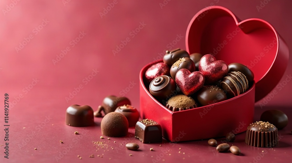 A heart-shaped box overflowing with an assortment of decadent dark chocolate bonbons and truffles, perfect for a romantic celebration. A heart-shaped box overflowing with an assortment of decadent dark chocolate bonbons and truffles, perfect for a romantic celebration.